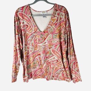 Chico's Women's Paisley Top 1X Shirt 3/4 Sleeve Pink Orange Tan V-Neck